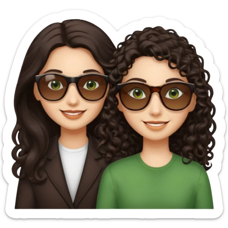 Two besites in sunglasses, 1: long ironed straight darkbrown hair, green eyes, 2: long curly darkbrown hair, brown eyes sticker