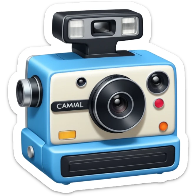 A hand-drawn doodle in a minimalist, cartoon style of a [instant camera]. The object is white with thick, rough, black marker outlines and two small black dot eyes. It is a simple sketch with no realistic textures, centered on a solid [blue] circular background." sticker