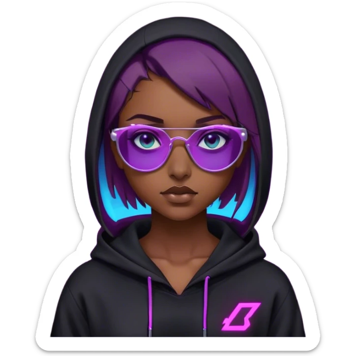 
girl with brown bob and blue eyes in a black hoodie and sunglasses. Cyberpunk style. Violet neon. sticker