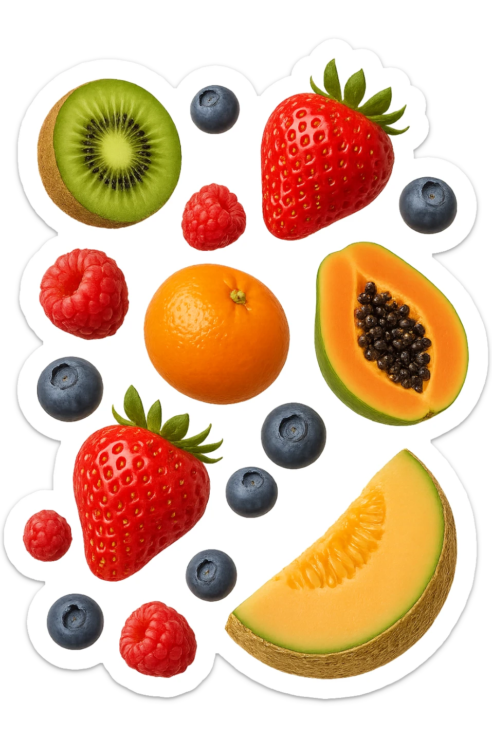 emoji stile iphone 3d di kiwi, fragole, lamponi, mirtilli, ananas, mandarini, papaya, melone cantalupo
 che fluttuano in aria, iperealistico 4k sticker
