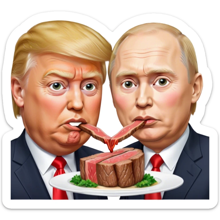 photorealistic Donald Trump and Putin eating a steak shaped like an piece of land sticker