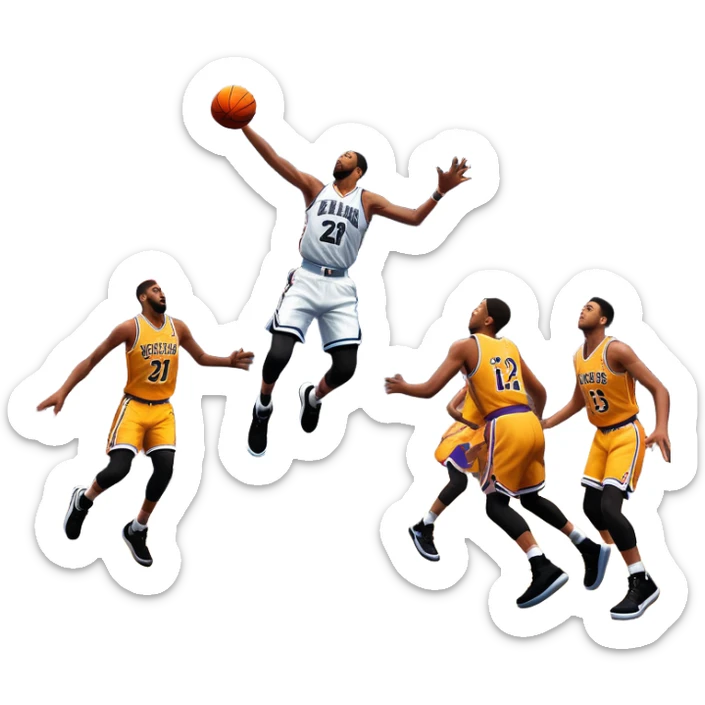 An icon showing a basketball court with players in action, inspired by NBA 2K25. A player jumps for a dunk, the ball mid-air, surrounded by a vibrant basketball arena with cheering fans and bright lights. Transparent background emphasizes the intense atmosphere sticker