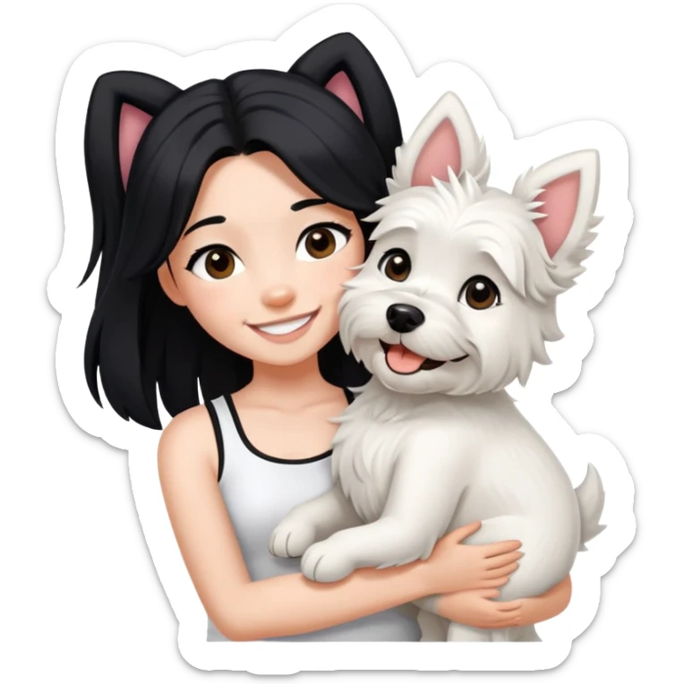 A girl with long black hair to her wearing a white crop top and black legging,she is smiling and hugging a west highland terrier with big ears  sticker