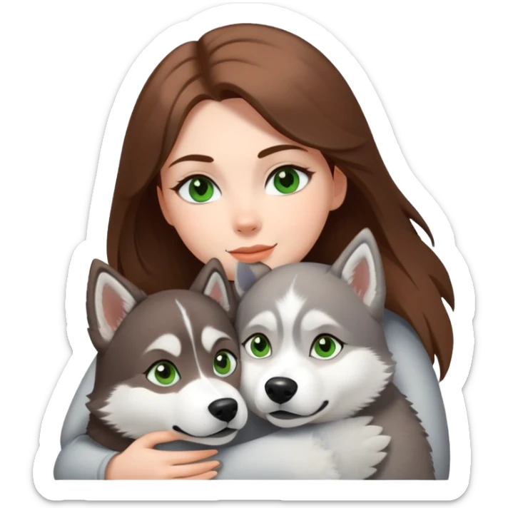 White girl white Green eyes and brown hair make a hug to a husky white ans grey white brown eyes  sticker