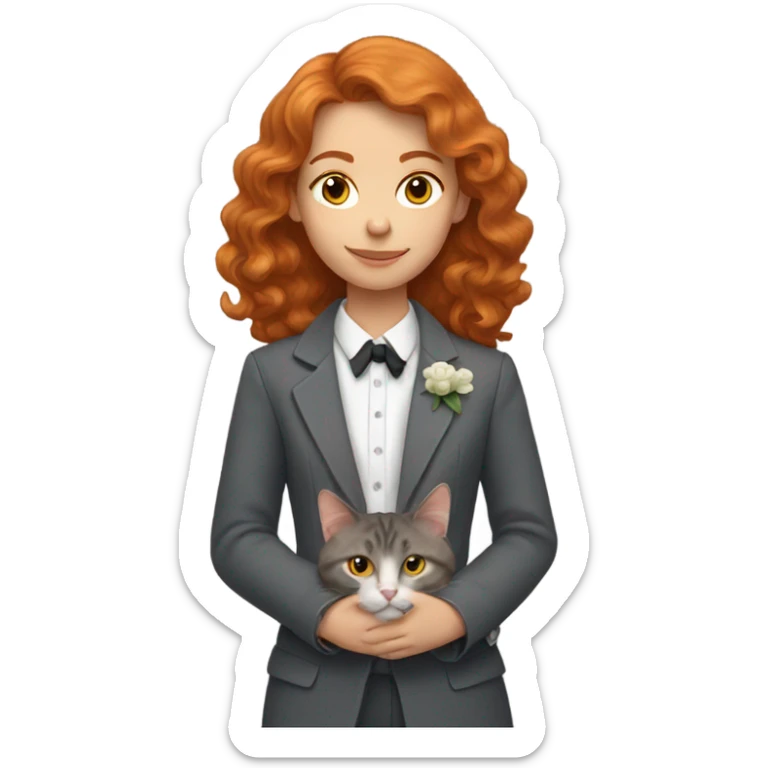 a girl with wavy ginger hair with a grey tuxedo cat sticker