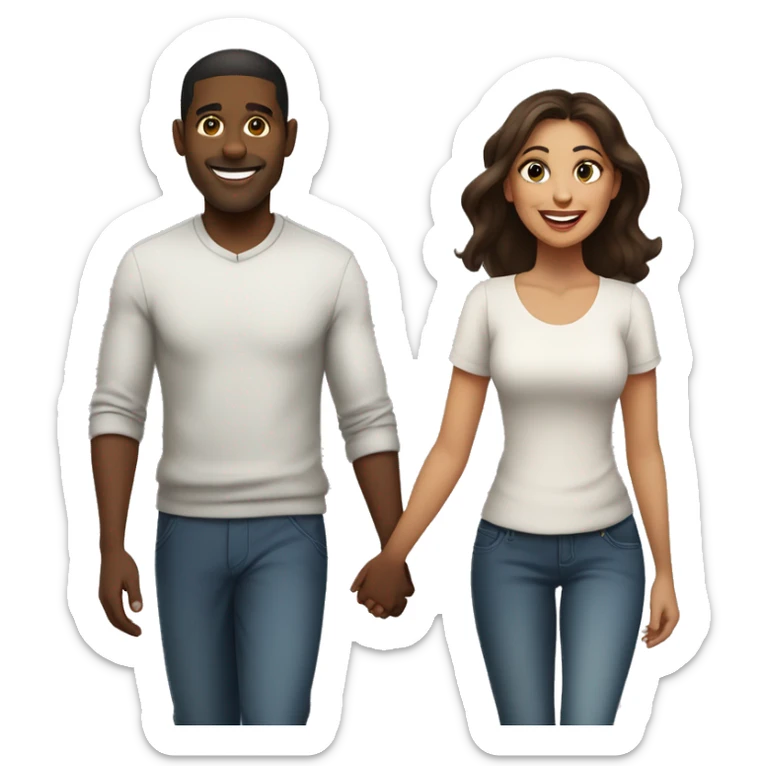 A black man  with medium short hair and a Latina woman with  long brown hair holding hands and walking side by side, smiling and enjoying their time together sticker