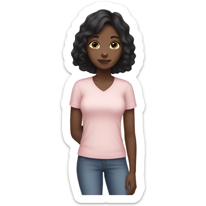 Black girl with black hair wearing a pale pink shirt holding a white cat sticker