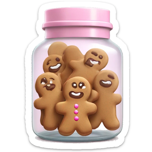Realistic glass cookie jar with light pink lid full of gingerbread cookies isolated.  sticker