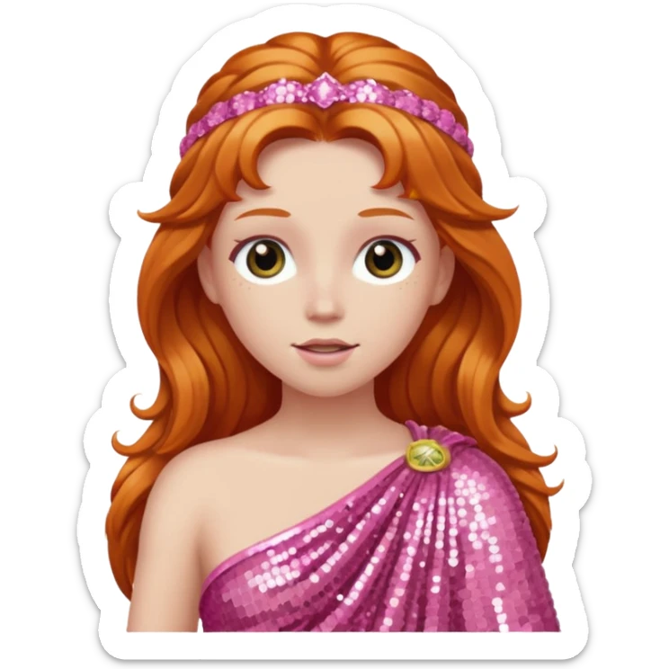 Venus from Roman Deities with long ginger hair, pink sequin toga sticker
