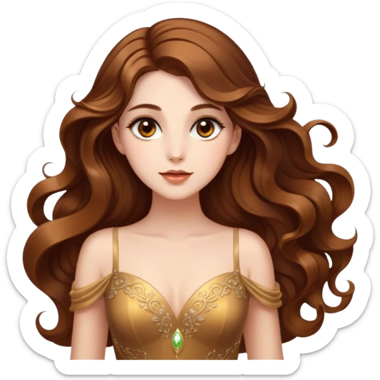 Cinematic Stunning Belle Portrait Emoji, Deep brown eyes full of curiosity, long chestnut hair flowing in soft waves, wearing her golden ballroom gown, glowing with warmth and elegance, a princess whose beauty is as radiant as her mind! sticker