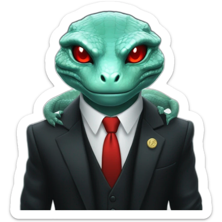 Aquamarine reptilian in classic black suite with red laser eyes on the middle of platinum coin sticker