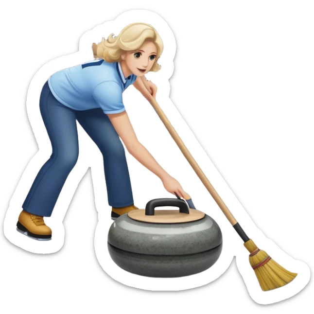 An icon showing a detailed close-up of a curling stone sliding across the ice, with a broom in motion beside it. The background features an indoor stadium with cheering spectators on the stands. Transparent background captures the strategy and focus of curling. sticker