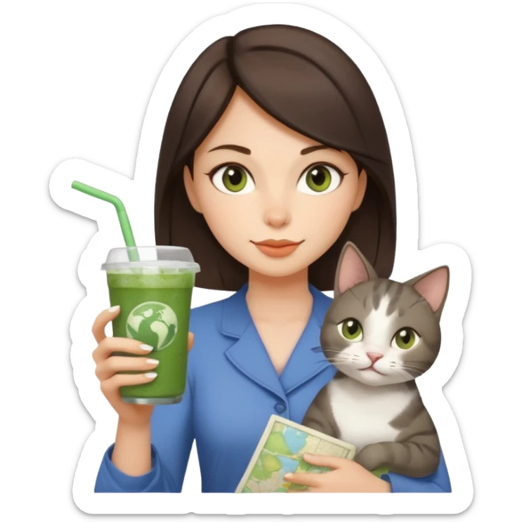 a brunette woman in here 30S drinking an iced matcha, carrying a grey cat and a map of the world sticker