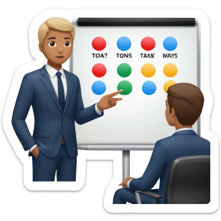 Create a realistic emoji of a person making some decisions in front of a grounp while standing in a office. the team is sitting while the leader stands next to a white board sticker