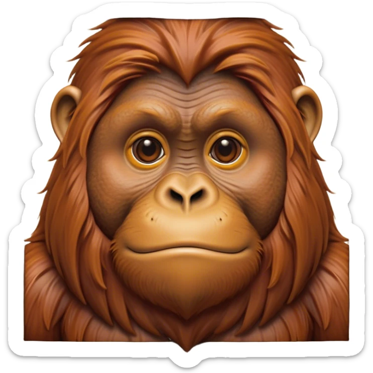 Cinematic Noble Orangutan Portrait Emoji, Poised and regal, with a robust, thoughtful build and deep, soulful eyes framed by rich, textured fur, Simplified yet sharp and sophisticated features, highly detailed, glowing with a soft, earthy glow, high shine, intelligent and contemplative, stylized with an air of ancient wisdom, focused and commanding, soft glowing outline, capturing the essence of a watchful and confident guardian that appears ready to step out of the screen with timeless authority! sticker