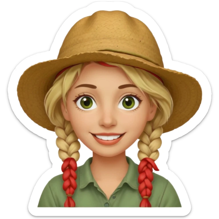messy green clay mask and red tourist hat blond braided woman big eyes smiling and clay mask sticker