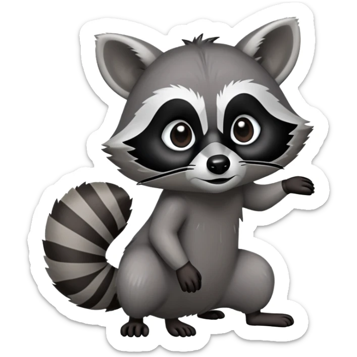 Cinematic-Raccoon-Realistic-Full-Body-Standingon all fours-Emoji – Tail flicking lazily, head tilted dramatically, thick grey fur with a signature black mask, sharp and alert ears, simplified yet realistic focused features, highly detailed, glowing with an almost sarcastic glow. sticker