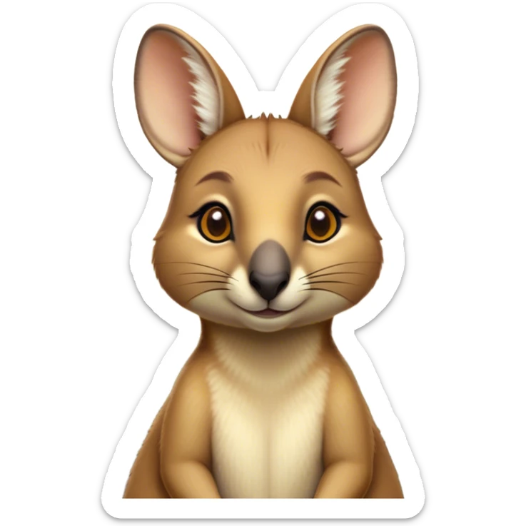 Cinematic Noble Wallaby Portrait Emoji, Poised and regal, with a compact, agile build and a soft, well-groomed fur of warm tan and light brown hues, deep-set soulful amber eyes and perky ears, Simplified yet sharp and sophisticated features, highly detailed, glowing with a soft, dignified glow, high shine, intelligent and spry, stylized with an air of bushland elegance, focused and attentive, soft glowing outline, capturing the essence of a watchful and confident marsupial, so majestic it feels as though it could hop out of the screen with effortless authority! sticker
