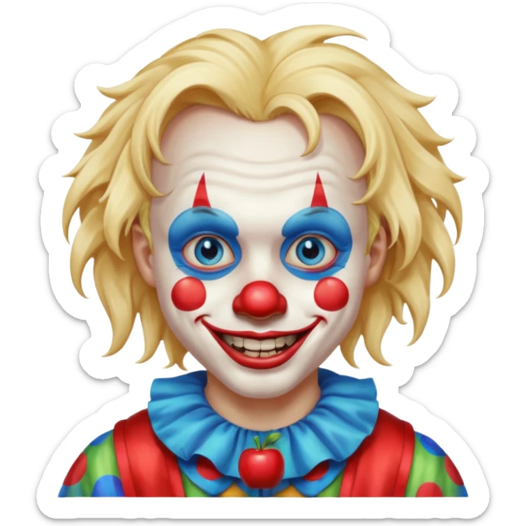 creepy clown boy with messy very long long blonde hair, blue eyes, make it more like an apple emoji sticker