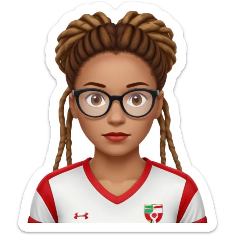 Rihanna freckles on nose and soccer woman with updo dreadlocks from east Caribbean wearing a red and white jersey and cateye eyeglasses sticker