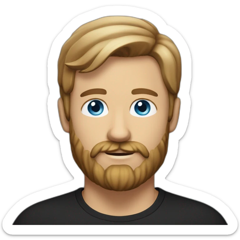 White man with a sun kissed tan and blue eyes. His hair is dark brown, styled sideways backwards. He has a beard and mustache trimmed. Wears a black t-shirt, Apple pencil behind his ear. sticker