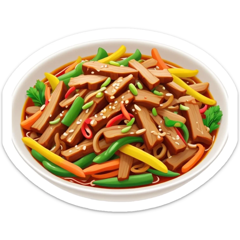Yuxiang shredded pork Sichuan dish with colorful vegetables, simplified emoji style with bold outlines and bright colors, cartoon style sweet and sour pork strips sticker