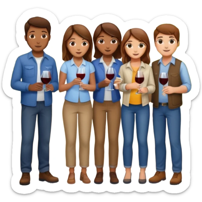 Make a photo of 5 project managers, specifically 3 girls with brown hair and 2 boys, that are making project for improvement of the winery sticker