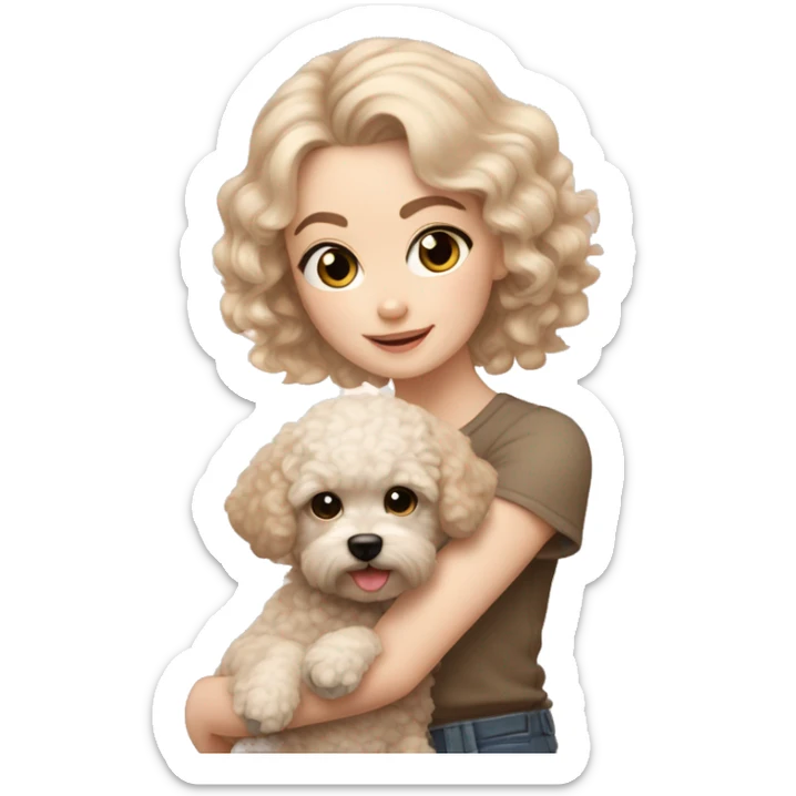 pale white girl with curly black hair holding light brown bichpoo puppy sticker