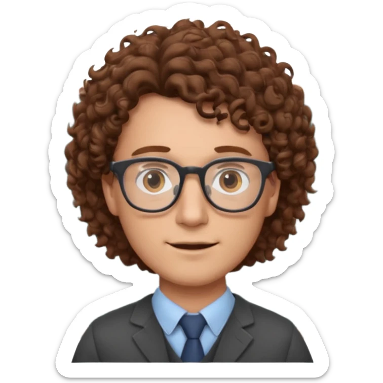 Please could you generate an emoji of a male teacher with brown curly hair and glasses stood infront of a chalkboard  sticker