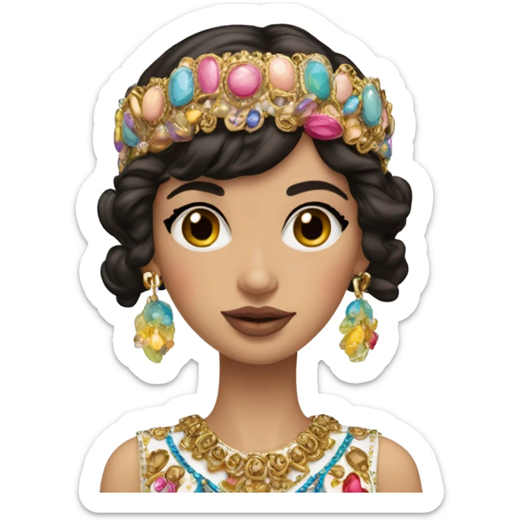 Dolce and Gabbana Italian model with dark hair and headband with colourful pastel ornament and golden detais  sticker