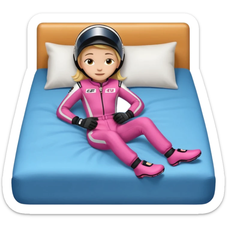 ten-year-old girl in a racing suit, racing shoes and racing gloves with no helmet, unzipped, sleeping on a bed happily, flat-chested and prepubescent sticker