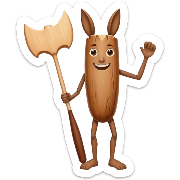 Make me a log standing up straight with legs and holding a wooden bat with big feet with skinny arms and legs with strong facial structure and smiling  sticker