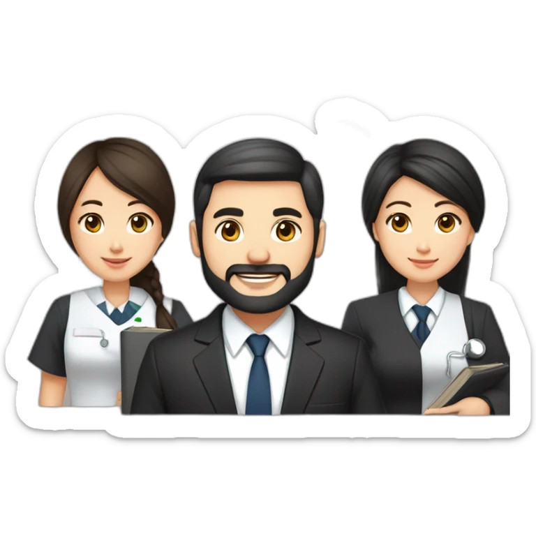husband age 40 dark brown hair trimmed beard wearing dark business suit holding bible, wife asian age 40 black hair wearing nurse uniform, no children sticker