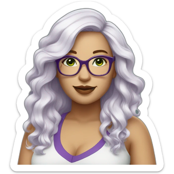 curvy-woman-white, purple-long-wavy-hair, green-eyes-square-glasses sticker