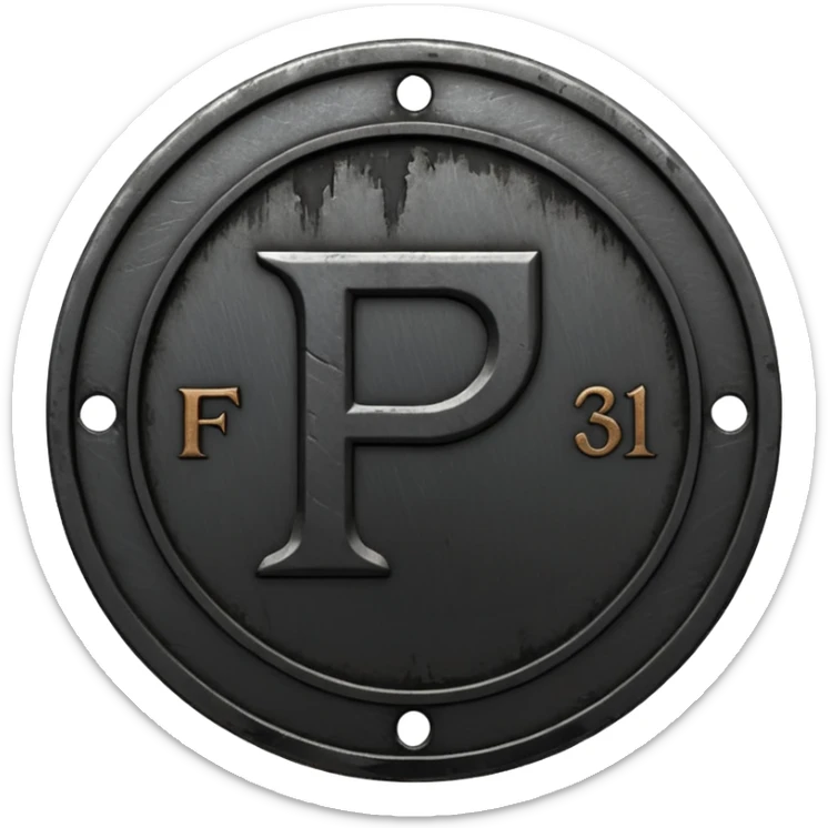 Minimal emoji, gothic metal coin made of black steel, engraved number f at the center, ancient industrial aesthetic, worn metal texture, no glow, no neon, flat emoji design, centered, transparent background sticker