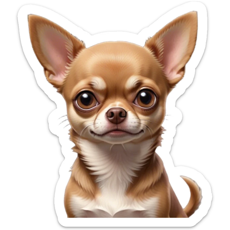 Cinematic Meme-Worthy Grumpy Chocolate Short Haired Chihuahua Portrait Emoji, Head held high but eyes filled with dramatic disappointment, smooth chocolate fur with a deep, rich tone, deeply furrowed brow forming an unmistakable scowl, floppy ears slightly angled back in disapproval, piercing dark eyes glaring with pure exasperation, Simplified yet hilariously over-exaggerated features, highly detailed, glowing with an aura of supreme annoyance, high shine, exhausted yet judgmental, stylized with an almost regal pettiness, bright but brooding, soft glowing outline, capturing the essence of a pup that has seen it all and is thoroughly unimpressed, so meme-worthy it feels like it could instantly become the next viral sensation of grumpiness! sticker