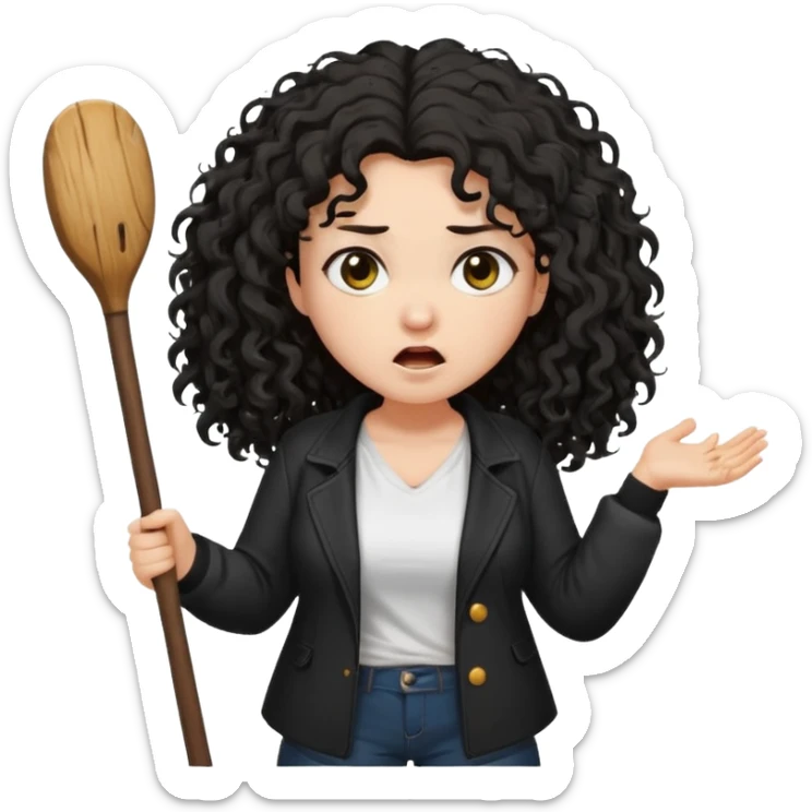 Hej, proszę wygeneruj mi emoji która przedstawia kobietę biała karnacja długie czarne kręcone rozczochrane włosy lekko grubsza, ubrana jest w białą koszulkę oraz czarną rozpiętą kurtkę jest w furii trzyma w rękach wielki badyl sticker