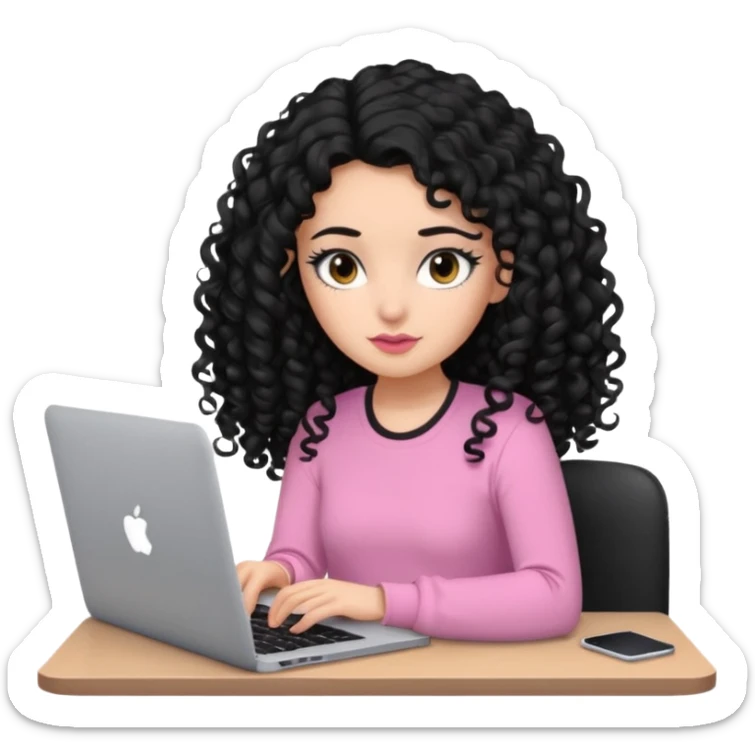 a girl typing mac book with long black curly hair and brown eyes with black eyeliner, pink shirt sticker