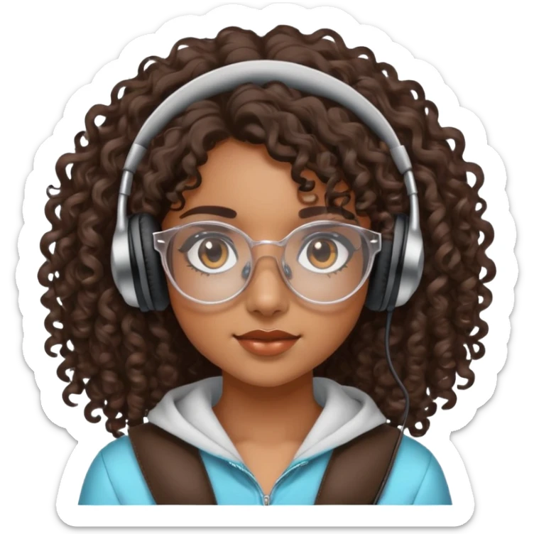 Chica morena con cabello crespo, con lentes transparentes y que tenga los ojos cafés oscuro. Y con unos audífonos en las manos. sticker