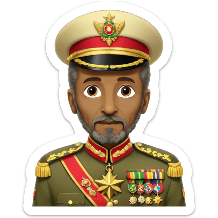 Create an emoji of an Older Haile Selassie African king wearing his ceremonial military uniform adorned with numerous medals, orders, and a sash. sticker