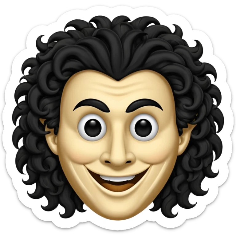 generate theatre wooden mask emoji with a big curly black hair 

wide black coloured smile, long and pointy white nose with no nostrils, pitch black eyes sticker