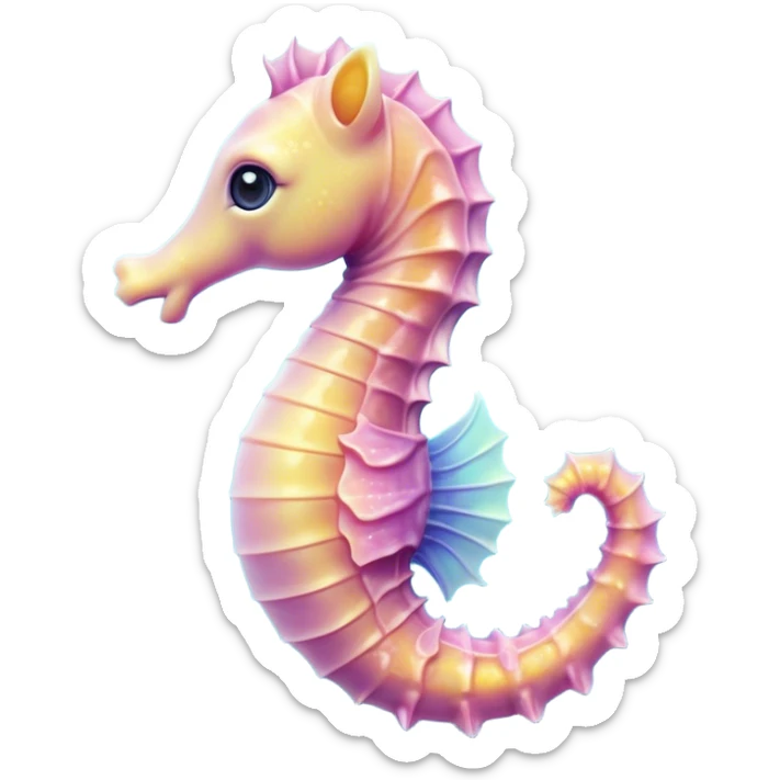 Cinematic Cute Sea Horse Portrait Emoji, Head tilted playfully and inquisitively, featuring a charming, petite seahorse with a softly curved body in pastel tones, a delicately coiled tail and round, sparkling eyes full of gentle wonder, Simplified yet irresistibly adorable features, highly detailed, glowing with a warm, inviting aquatic glow, high shine, affectionate and lively, stylized with a touch of enchanting marine charm, soft glowing outline, capturing the essence of a mischievous yet loving seahorse that seems as if it could float out of the screen into your arms! sticker