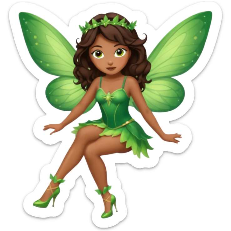 Pretty girl with caramel skin. Dark brown hair and brown eyes. She has freckles. Wearing sexy makeup. Wearing a green fairy costume and heels and flying sticker