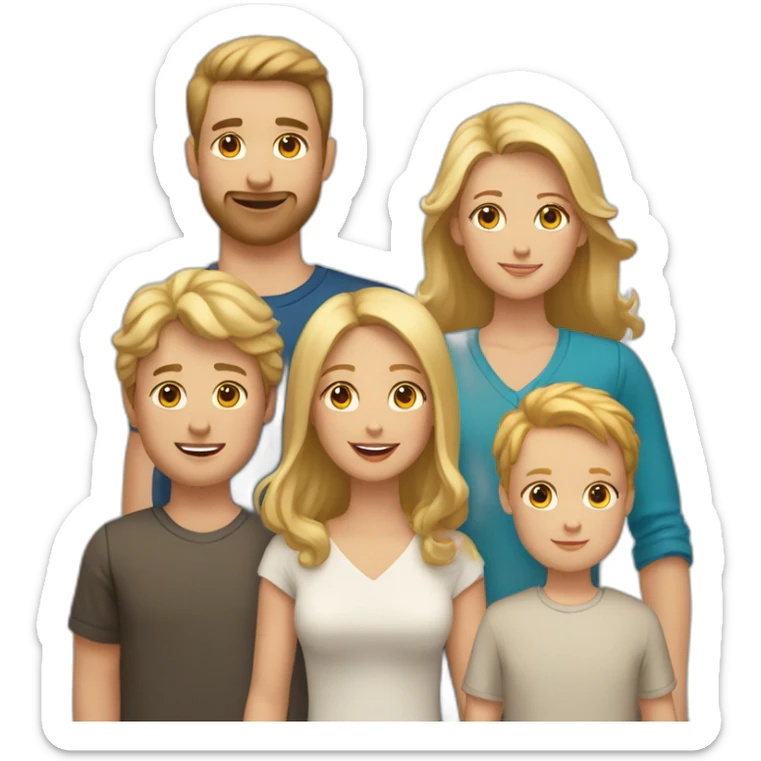 white family with 5 people, 1 blonde adult woman, 1 brunette adult male, 1 brunette male child, 1 brunette female child, 1 blonde male child. plus 2 golden retrievers sticker