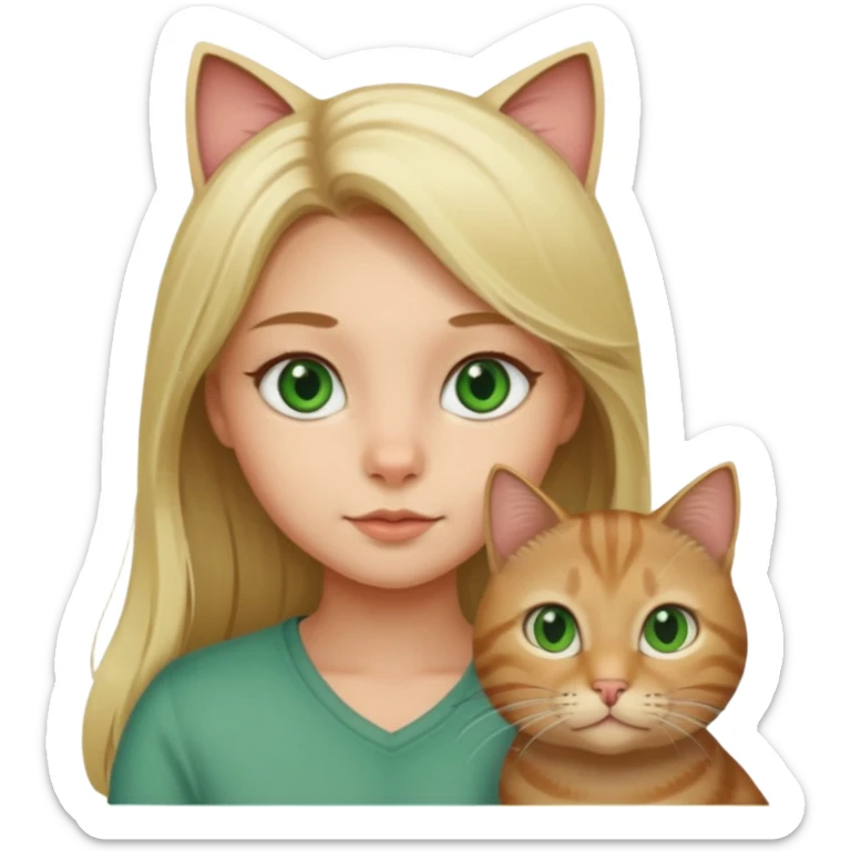 blonde girl with long blonde hair with tabby brown cat with green eyes and chubby gray cat with big green eyes sticker