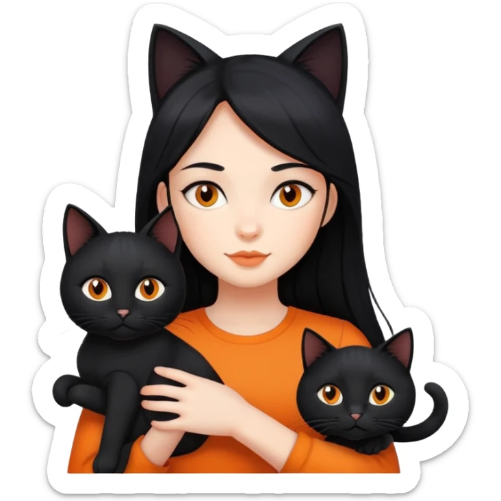 A girl with long black hair is holding a black cat, an orange cat, and a black cat sticker