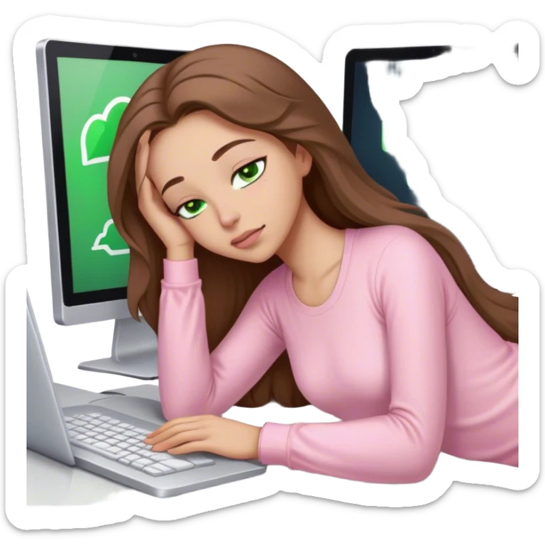 pretty woman with very long brown hair and green eyes and light pink outfit sleeping working on a computer sticker