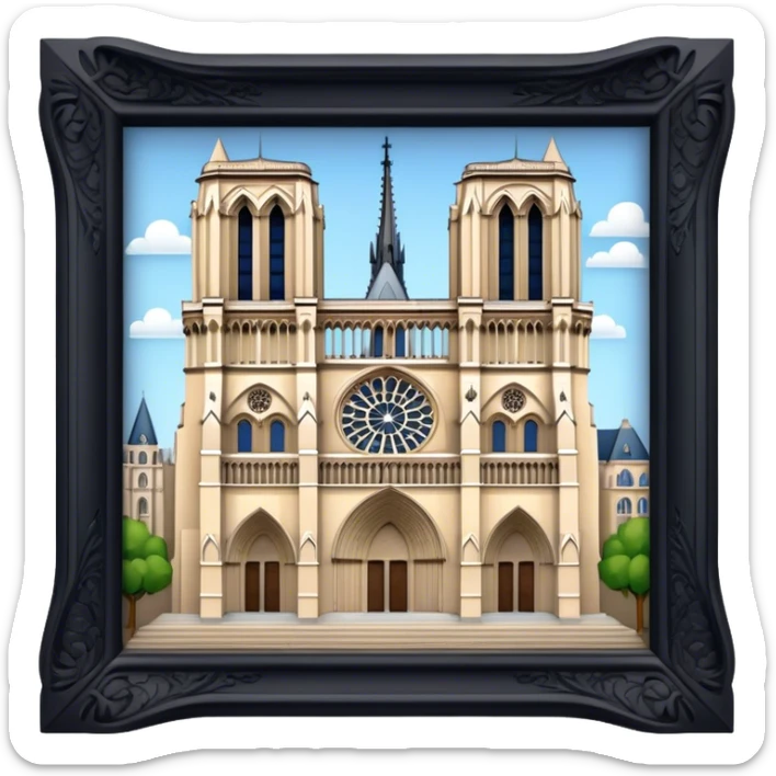 Cinematic Realistic Notre-Dame Cathedral Landmark Emoji, showcasing the Gothic splendor of the cathedral rendered with detailed stone carvings and majestic, soft lighting. sticker