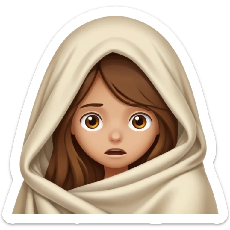 a tanned girl with brown long hair hid under the blanket in fear sticker
