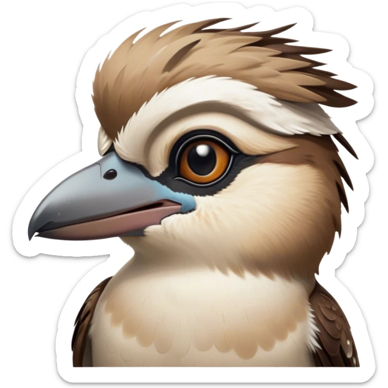 Cinematic Noble Kookaburra Portrait Emoji, Poised and regal, with a stout, robust build and a striking plumage of earthy browns and creams, a strong beak and deep-set soulful eyes, Simplified yet sharp and sophisticated features, highly detailed, glowing with a soft, dignified glow, high shine, intelligent and exuberant, stylized with an air of native woodland majesty, focused and attentive, soft glowing outline, capturing the essence of a watchful and confident bird, so majestic it feels as though it could laugh out of the screen with effortless authority! sticker